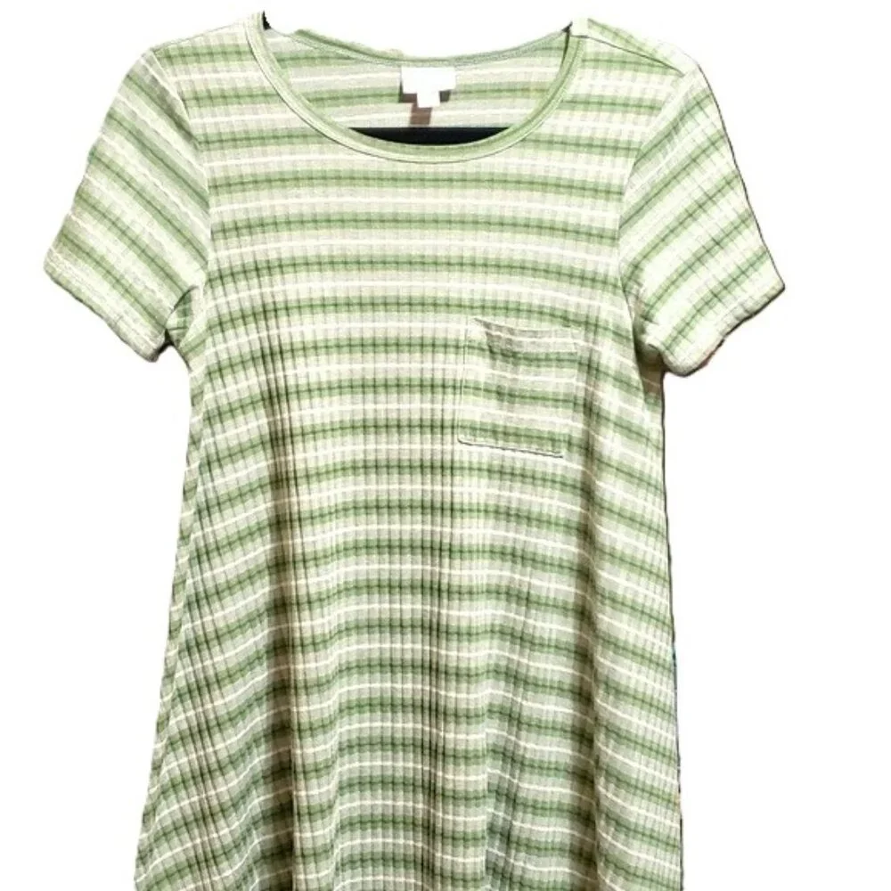 LuLaRoe Carly Swing Dress Medium Green White Stripe Ribbed High Low Hemline